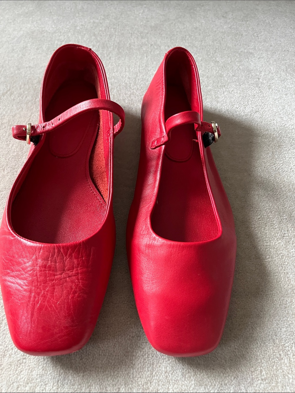 Zara Red Leather Mary Jane Flats with Buckle Strap